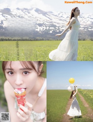 A woman in a white dress holding an ice cream cone.